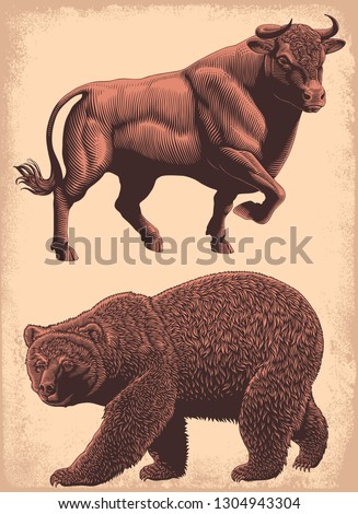 Bull and bear. Design set. Hand drawn engraving. Editable vector vintage illustration. Isolated on light background. 8 EPS