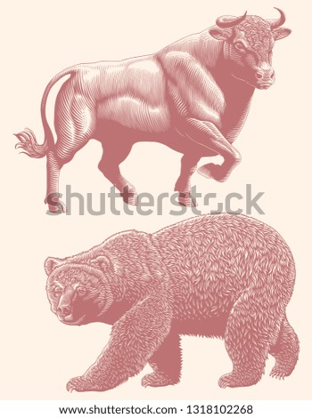 Bull and bear. Design set. Hand drawn engraving. Editable vector vintage illustration. Isolated on light background. 8 EPS