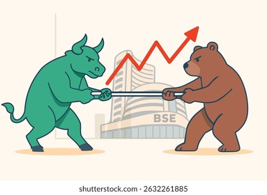 A bull and bear engage in a tug-of-war over a stock chart, symbolising market volatility and investor sentiment