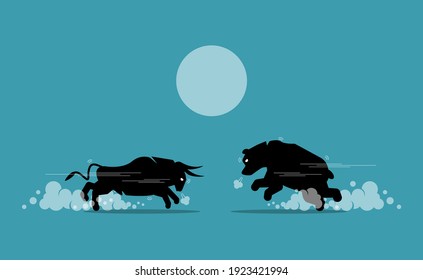 Bull and bear face off in stock market exchange. Vector illustration concept of bullish and bearish market competing, share market trend, and financial equity investment. 