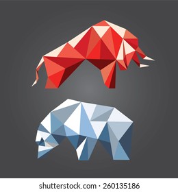 Bull and bear in the geometric style. Symbols of stock market trends. Vector illustration.