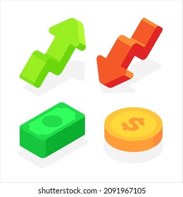Bull and bear market. Arrows with paper money and gold coin. Flat 3d vector isometric illustration isolated on white background. svg