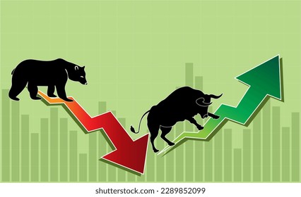 Bull and Bear market concept vector illustration, Trade exchange green up or red down arrows graph, Stock market isolated, Bullish or bearish isolated,  share market or stock market trading background