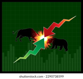 Bull and Bear market concept vector illustration, Trade exchange green up or red down arrows graph, Stock market isolated, Bullish or bearish isolated,  share market or stock market trading background