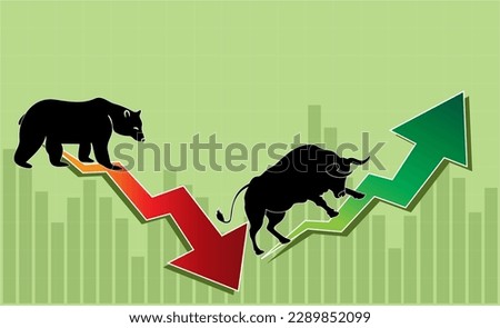 Bull and Bear market concept vector illustration, Trade exchange green up or red down arrows graph, Stock market isolated, Bullish or bearish isolated,  share market or stock market trading background