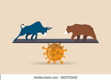 Bull and bear market in Coronavirus COVID-19 pandemic impact stock market and world economic concept, bull and bear wearing protective face mask balance on Coronavirus pathogen.