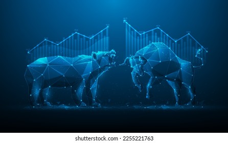 Bull and Bär Marktfinanzierung digitale Technologie. Stock-Marketing-Anstieg und -Rückgang. Business Devisen handeln Finanzinvestitionen. Vektorgrafik fantastisch Low-Poly-Wireframe wirtschaftliche Trends.