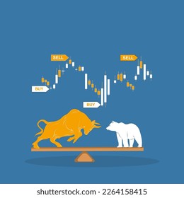 Bull and bear market ,stock market and world economic concept, bull and bear balance.