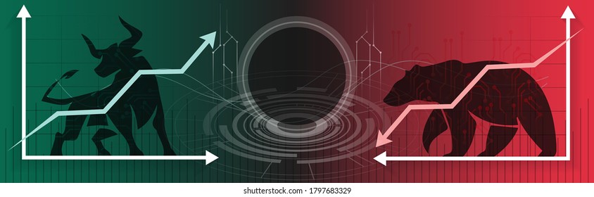 Bull or Bear market trend in crypto currency or stocks. Trade exchange background, up & down arrow graphs. Bullish & bearish Cryptocurrency price & blockchain technology. Global economy boom or crash.