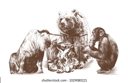 the bull the bear and the monkey are sitting around a campfire, sketch vector graphics monochrome drawing