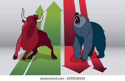 Bull and bear on a background with green and red arrows.The concept of stock market trading.