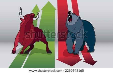 Bull and bear on a background with green and red arrows.The concept of stock market trading.