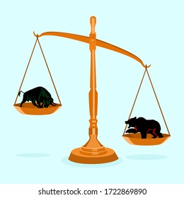 Bull And Bear On Imbalance Scales.stock Market Concept.bearish Trend