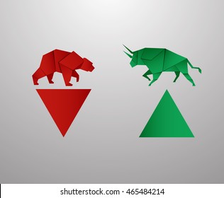 Bull and Bear paper art and red bar paper art for stock market vector and illustration