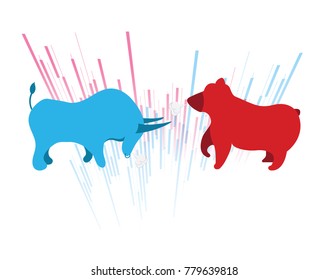 Bull and bear shapes made of minimal minimal design with symbols of stock market trends on them. Vector illustration.