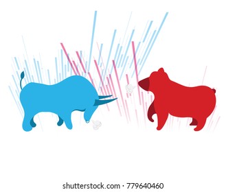 Bull and bear shapes made of minimal minimal design with symbols of stock market trends on them. Vector illustration.