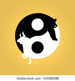 Bull and bear shapes that look like made of yin yang sign symbols of stock market trends on them. Vector illustration.