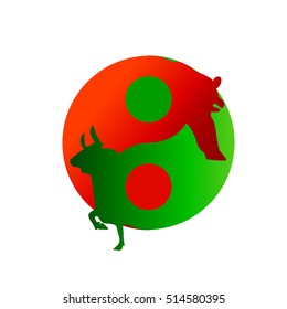 Bull and bear shapes that look like made of yin yang sign symbols of stock market trends on them. Vector illustration.