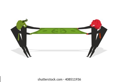 Bull and Bear share profits. Two businessmen pulling  dollar. Traders Section revenue. Man in business suit tearing money. Players exchange Finance part