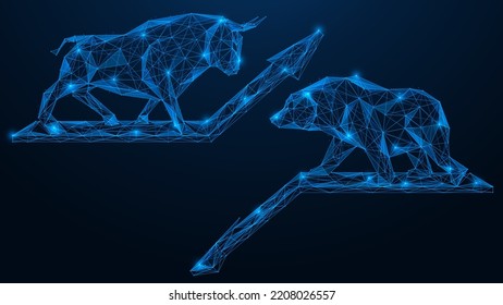 Bull and bear standing on the arrows of growth and decline. Online stock market technology. Polygonal design of lines and dots. Blue background.