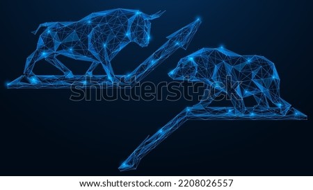 Bull and bear standing on the arrows of growth and decline. Online stock market technology. Polygonal design of lines and dots. Blue background.