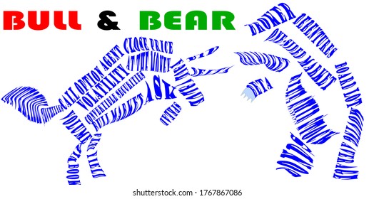Bull and bear stock market related terminology presented with multiple words texture shape. 