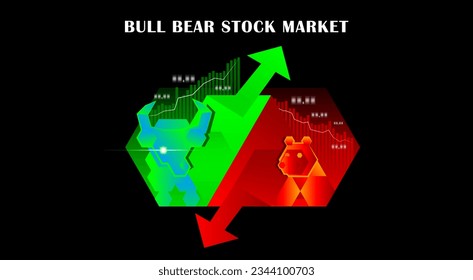 Bull and Bear stock market or trend in crypto currency. exchange, green red arrows graph. Cryptocurrency chart and finance investment concept. create by polygon concept illustrator in black background