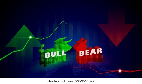 Bull and Bear stock market or trend in crypto currency. exchange, green red arrows graph. Cryptocurrency chart and finance investment concept.  3d illustrator in black background