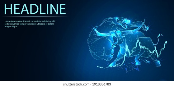 Bull and Bear symbols on stock market with stock schedule. Market fight. Digital low poly wireframe of futuristic vector. Finance and business concept. 
