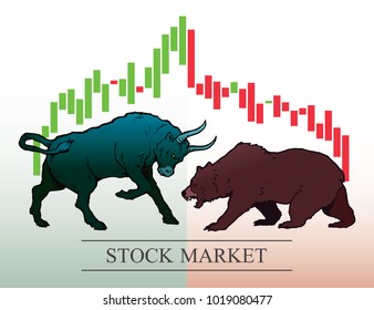 Bull and bear, symbols of stock market trends. Vector illustration