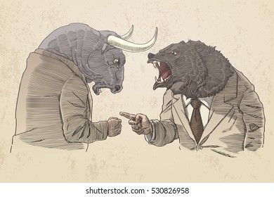 Bull And Bear For Trader, In Sepia