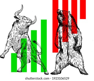 Bull and bear for trader. stock market exchange concept. line illustration. vector illustration 
