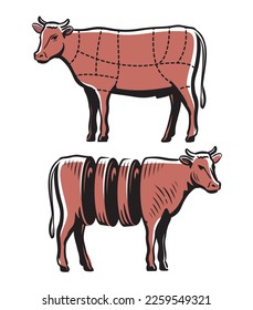 Bull, diagrama de carne de ternera, esquema. Símbolo de carnicería con cortes de carne de vaca. Diagrama de carne de carnicero de época. Ilustración del vector