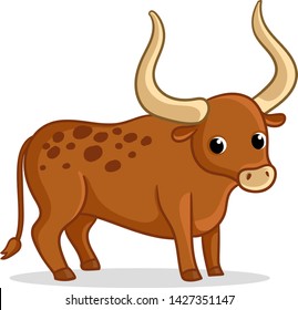 Bull with big horns stands on a white background. Vector illustration with cartoon animal.