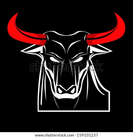 Bull. Black Bull Head. Bold Black Bull. Wild Black Bull with the Bold Red Horn. Red Horn - Vector illustration Vector illustration 