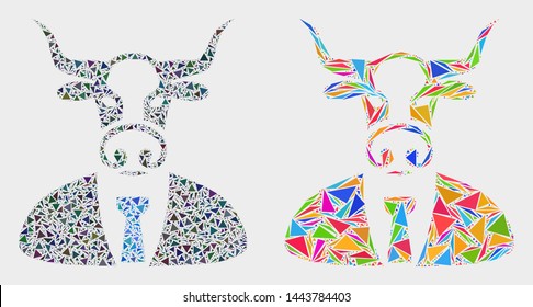 Bull boss mosaic icon of triangle items which have different sizes and shapes and colors. Geometric abstract vector illustration of bull boss.