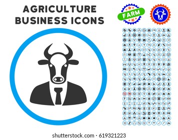 Bull Boss rounded icon with agriculture business pictogram clip art. Vector illustration style is a flat iconic symbol inside a circle, blue and gray colors. Designed for web and software interfaces.