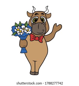 Bull with a bouquet of flowers. Sticker, vector children's design for banners, postcards and social networks.