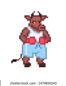 Bull boxing, pixel art character isolated on white background. 8 bit combat sport logo. Retro vintage 80s; 90s slot machine/video game graphics. Ox on kickboxing workout. Animal MMA fighter mascot. 