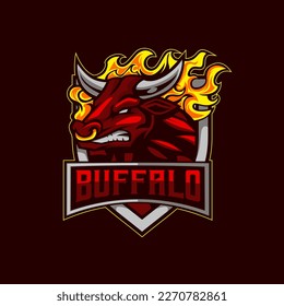 Bull Buffalo Logo. Bull Head Mascot E-Sport Logo Character With Shield For sport and gaming logo concept