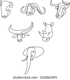 Bull, buffalo, rhinoceros and elephant continuous line set. One line animal logo collection