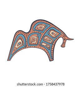 Bull, Buffalo in the style of doodles. Coloring pages. Totem animal, astrological, and mythical symbol Monochrome hand drawn vector illustration