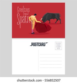 Bull and bullfighter on Spanish arena during bullfighting performance vector postcard template. Visit Spain design element