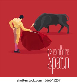 Bull and bullfighter on Spanish arena during bullfighting performance vector illustration. Visit Spain design element