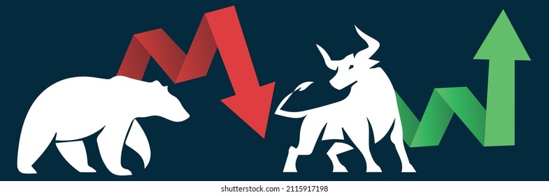 Bull or bullish run; Bear or bearish market trend in crypto currency or stocks. Trade exchange, green up or red down arrows graph. Stock market price chart. Global economy crash or boom. Vector