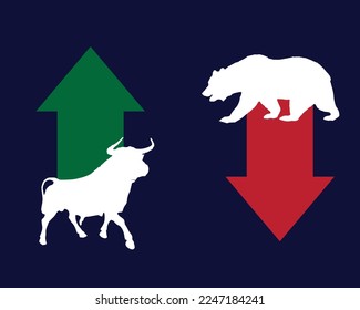 Bull or bullish run, Bear or bearish market trend in crypto currency or stocks. Trade exchange, green up or red down arrows graph Vector illustration 