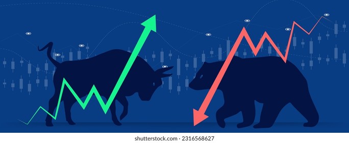 Bull or bullish run; Bear or bearish market trend in crypto currency or stocks. Trade exchange, green up or red down arrows graph. Stock market price chart. Global economy crash or boom. Vector
