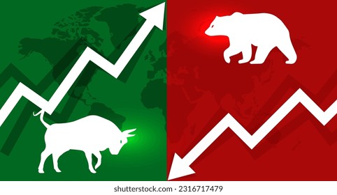 Correr toro o bullsh; Tendencia del mercado de la criptografía o de las acciones. Intercambio comercial, gráfico de flechas hacia arriba o hacia abajo. Gráfico de precios del mercado de valores. Crisis o auge de la economía mundial. Vector