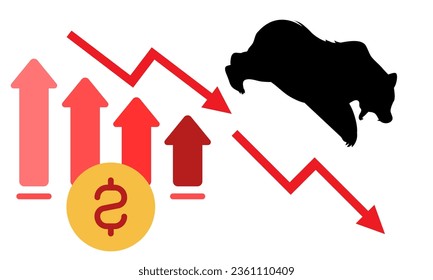 Bull or bullish run; Bear or bearish market trend in crypto currency or stocks. Trade exchange, green up or red down arrows graph. Cryptocurrency price chart. Vector
