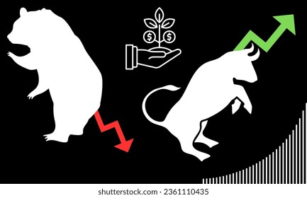 Bull or bullish run; Bear or bearish market trend in crypto currency or stocks. Trade exchange, green up or red down arrows graph. Cryptocurrency price chart. Vector